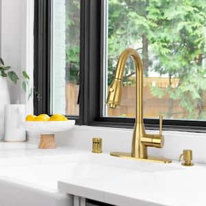 One-Handle Brushed Gold Pull Down Kitchen Faucet with Deck Plate Soap Dispenser and Air Gap Cap