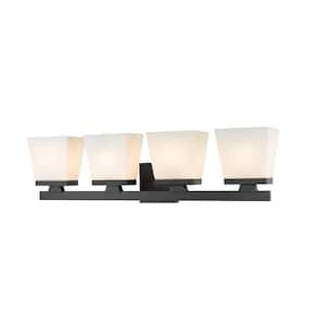 Astor 29 in. 4-Light Matte Black Vanity-Light with Etched Opal Glass Shades