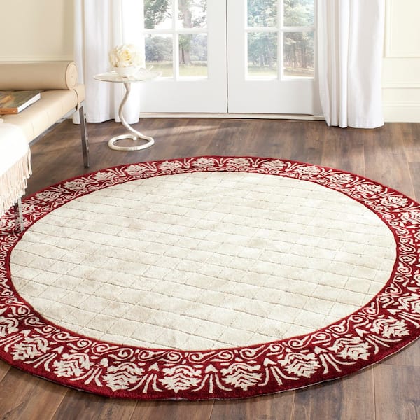 Total Performance 6 ft. x 6 ft. Round Ivory/Maroon Diamond Border Area Rug