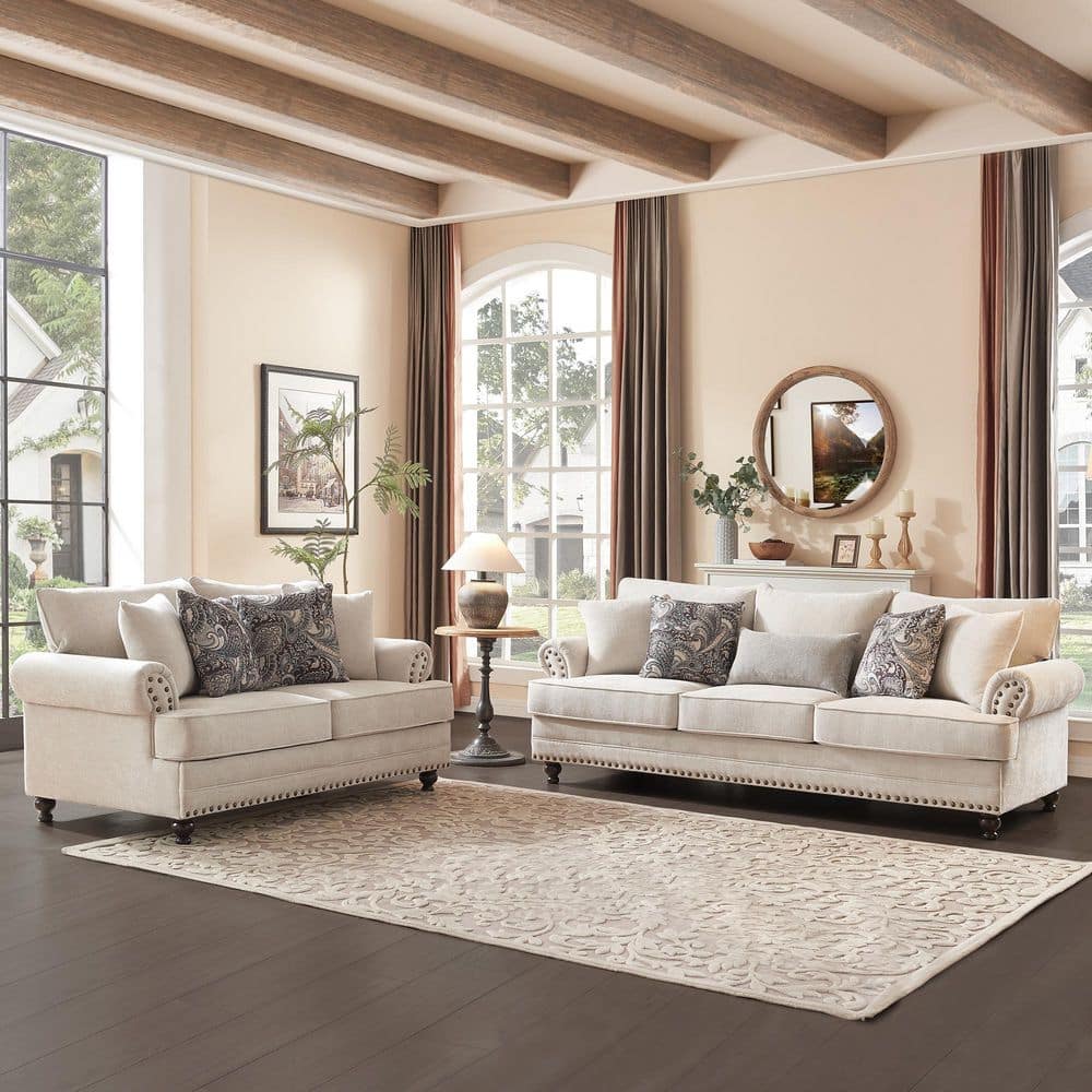 Morden Fort 87 in. Chesterfield Couch 2-Pieces Chenille Beige Sofa Loveseat Set Living Room Set with Rolled Arm and Nailhead