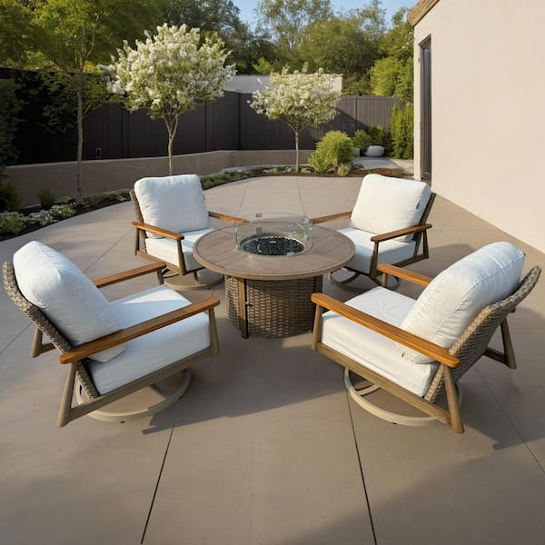 HiGreen Outdoor Manbo 5-Piece Brown Aluminum Wicker Outdoor Patio Fire Pit Deep Seating Set with Cast Natural Cushions
