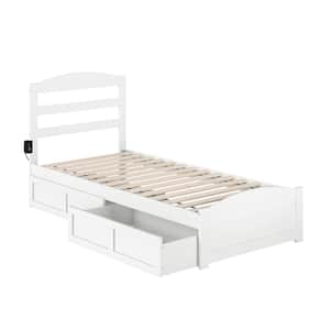 Warren 38-1/4 in. W White Twin Extra Long Solid Wood Frame with Footboard 2-Drawers and USB Charger Platform Bed