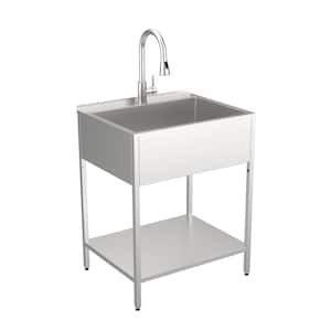 18 Gal. 22.1 in. D x 28 in. W Freestanding Laundry Sink with Cabinet in Brushed Satin with Faucet