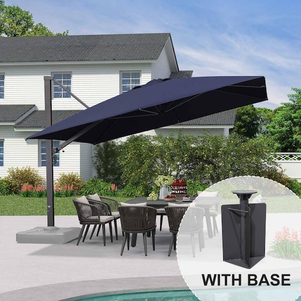 PURPLE LEAF 12 ft. Square Aluminum Large Outdoor Cantilever 360-Degree  Rotation Patio Umbrella with Base in Ground, Navy Blue PPL04CHS12NBB7