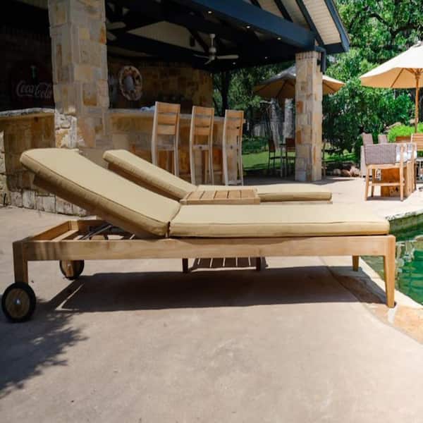 Beespoke Teak Outdoor Patio 3-Piece Set with Tan Sunbrella Chaise Loungers and Side Table