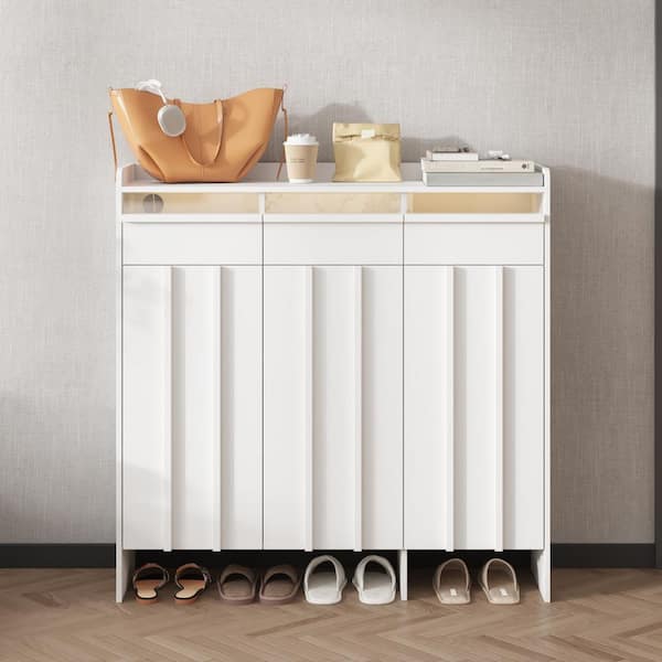 47.2 in. H x 47.2 in. W White Wood Shoe Storage Cabinet, Entryway Console with 3 LED-Lit Acrylic Drawers & Triple Doors
