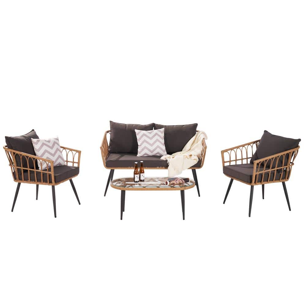4-Piece PE Wicker Patio Conversation Set with Dark Gray Cushions, Outdoor P