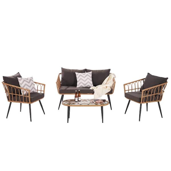 BTMWAY 4-Piece PE Wicker Patio Conversation Set with Dark Gray Cushions, Outdoor Patio Furniture Set with Coffee Table