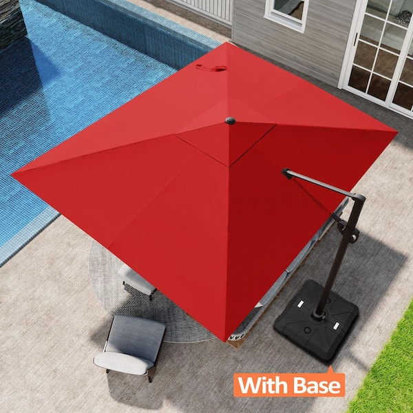 9 ft. x 11 ft. Aluminum Heavy-Duty Cantilever Offset Patio Umbrella in Red with 360° Rotation and Base