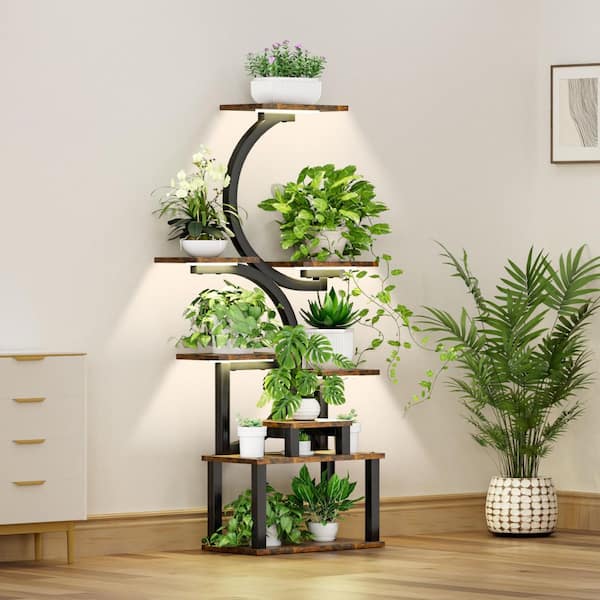 62 in. H Brown S-Shaped MDF Indoor Plant Stand with 5-Grow Lights, 8-Tiered Tall Plant Shelf 10-Level Stepless Dimming