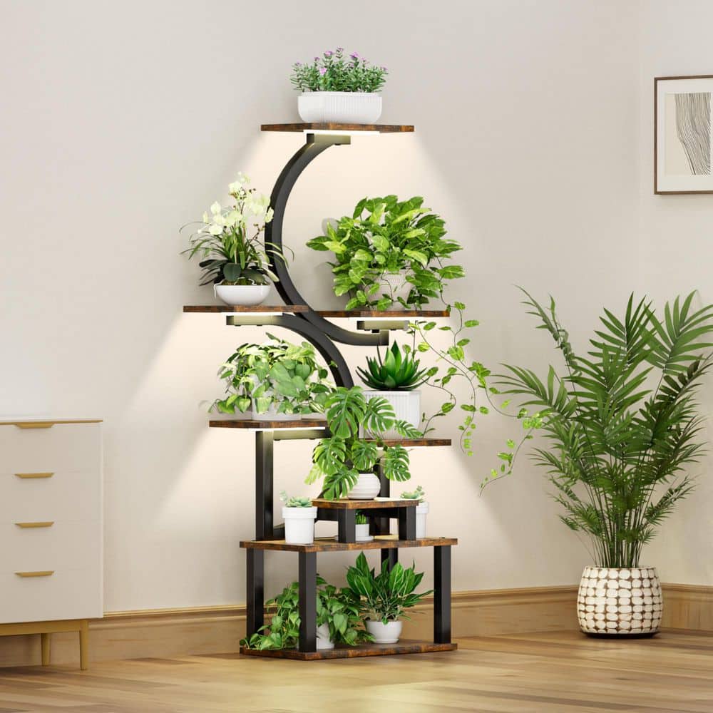 62 in. H Brown S-Shaped MDF Indoor Plant Stand with 5-Grow Lights, 8-Tiered