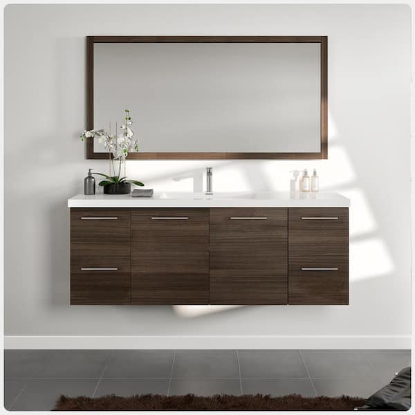 Luxurious 60 in. W x 22 in. D x 26 in. H Floating Bath Vanity in Gray Oak with White Tempered Glass Top