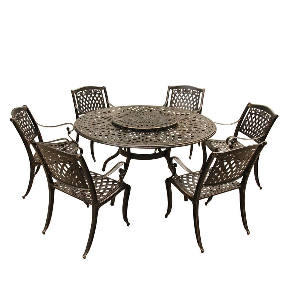 Rose Modern Ornate 7-Piece Bronze Aluminum Outdoor Dining Set with Lazy Sus