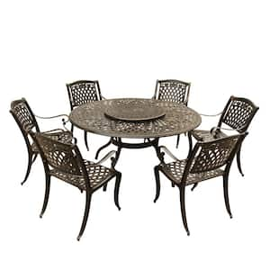 Rose Modern Ornate 7-Piece Bronze Aluminum Outdoor Dining Set with Lazy Susan