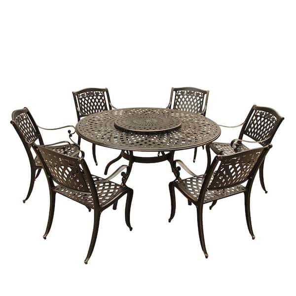 Unbranded Rose Modern Ornate 7-Piece Bronze Aluminum Outdoor Dining Set with Lazy Susan