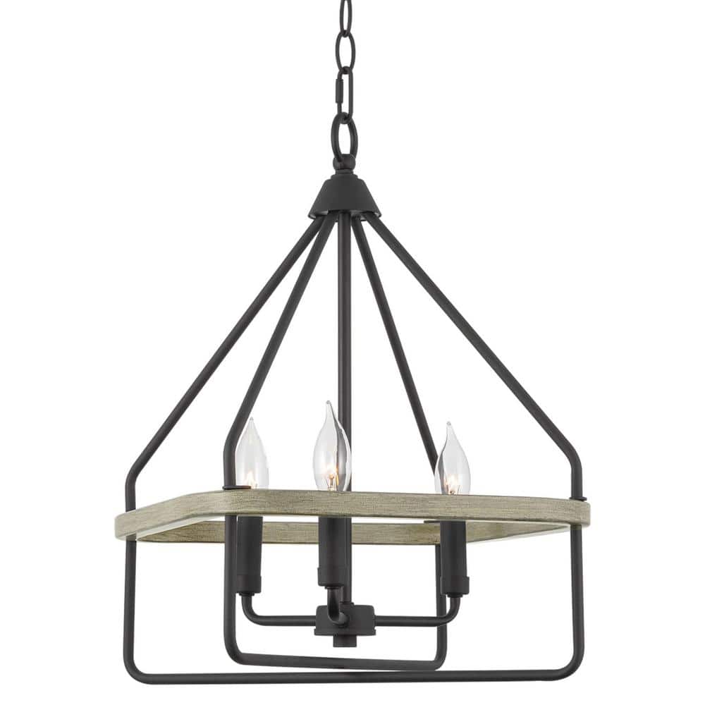 Sandblasted Black and Gray Oak Metal Square Lantern Chandelier