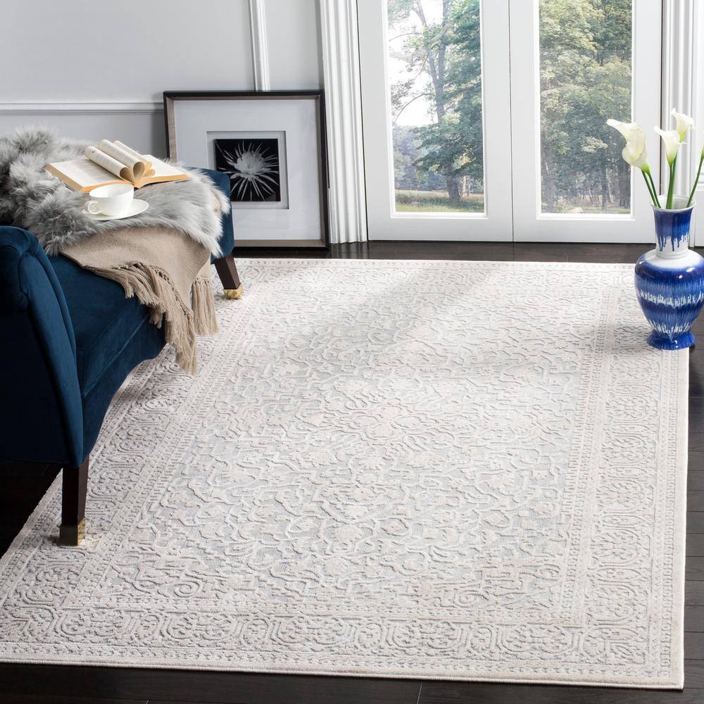 Light Grey and Cream Floral 10' x 14' Area Rug