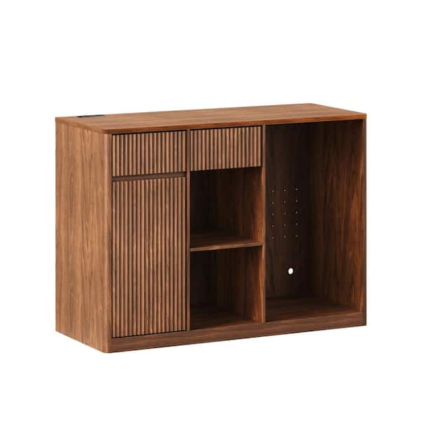 53in Farmhouse Walnut Fluted Coffee Station Bar Cabinet with Fridge Space and Charging Hub