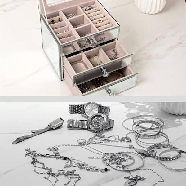 3-Layer Silver Rectangular Glass Jewelry Box with Mirror and 2