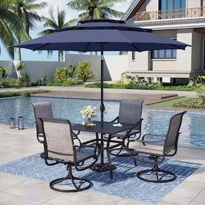 Black 6-Piece Metal Square Patio Outdoor Dining Set with Slat Table, Umbrella and Textilene Swivel Chairs