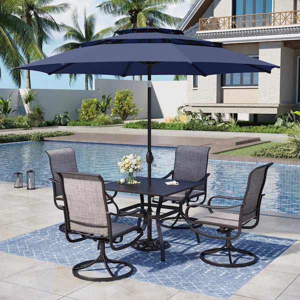 PHI VILLA Black 6-Piece Metal Square Patio Outdoor Dining Set with Slat Table, Umbrella and Textilene Swivel Chairs