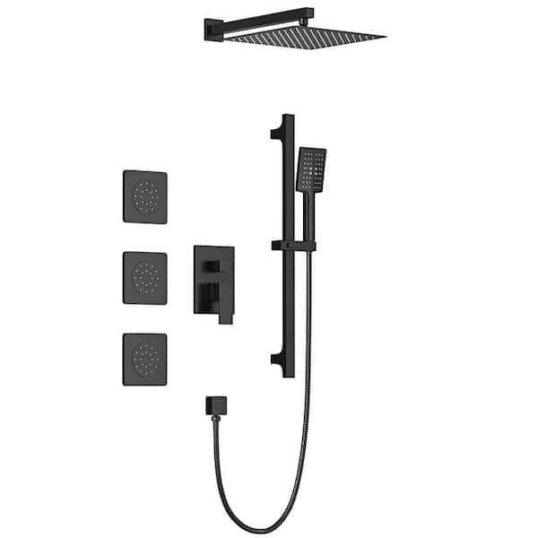 LORDEAR 3-Jet Mixer Shower System Combo Set Square Wall Mount Rainfall Shower Head with Slide Bar Hand-Shower in Matte Black