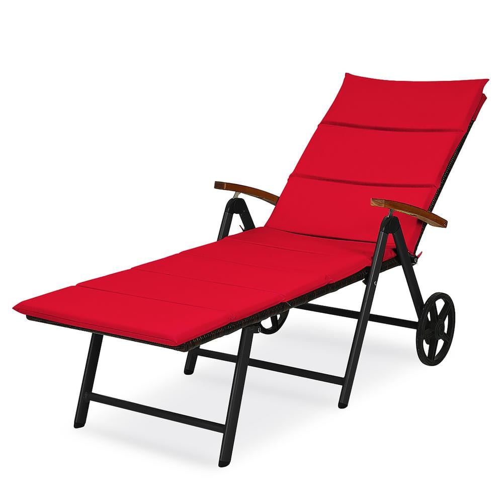 Costway Folding Wicker Outdoor Rattan Lounge Chair with Wheel and Red