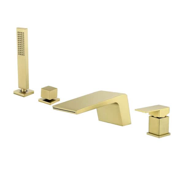 Single-Handle Tub Deck Mount Roman Tub Faucet with Hand Shower and Water Suply Hose in Brushed Gold