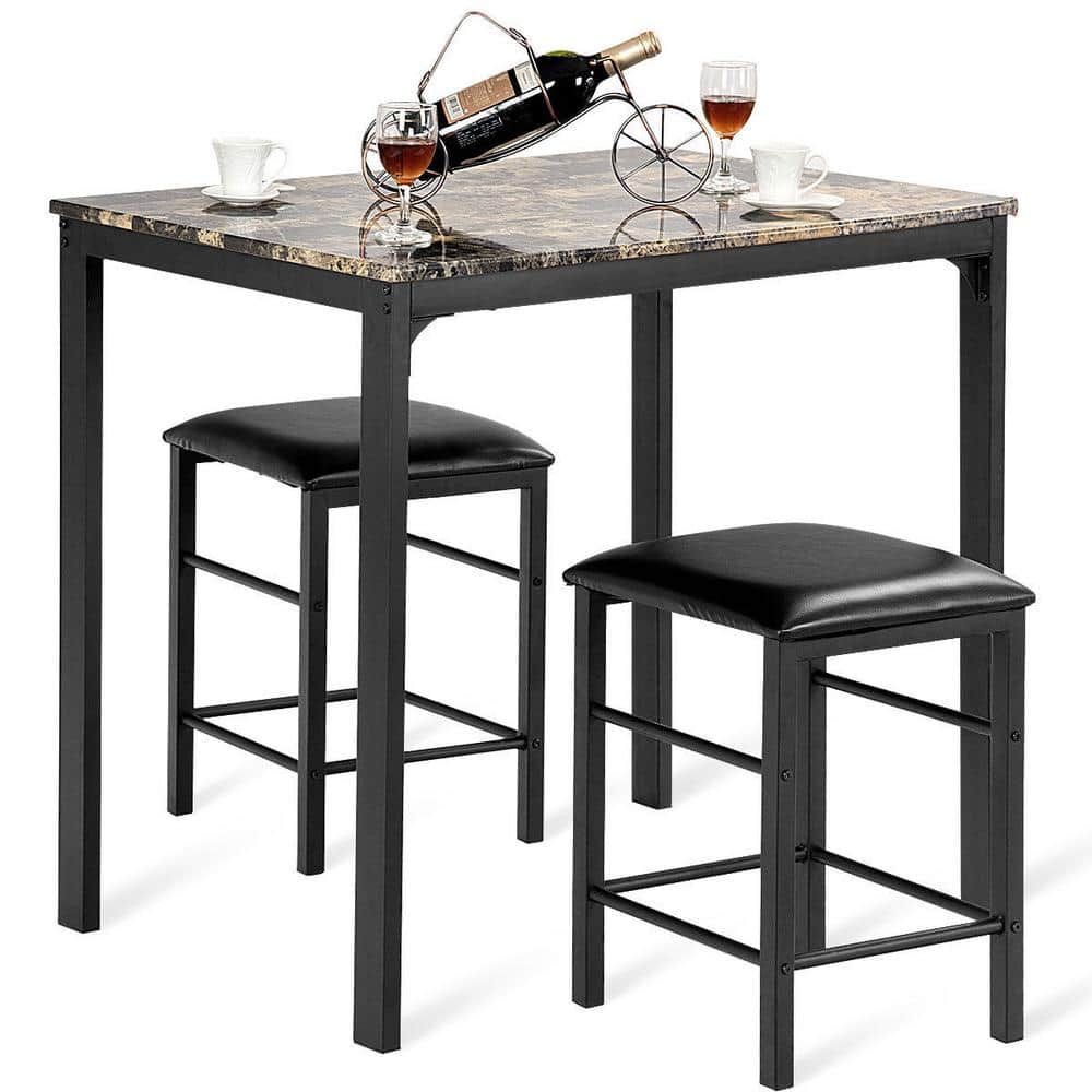 Costway 3-Piece Dark Faux Marble Pub Table Set with Black Chairs