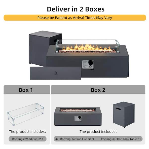 42 in. Rectangular Iron Outdoor Fire Pit Table with Tank Cover, Lid, Wind Guard and Rain Cover in Dark Grey