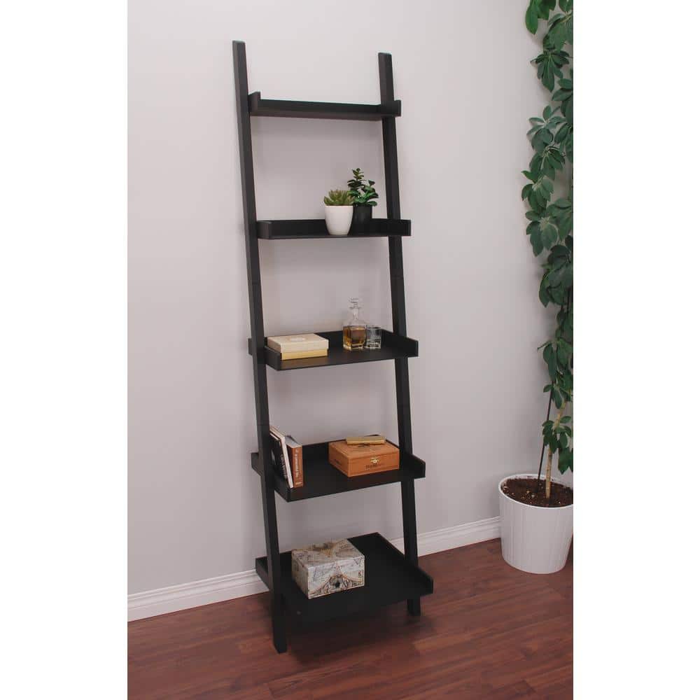 Hadfield 5-Tier Black Wood Leaning Ladder Shelf