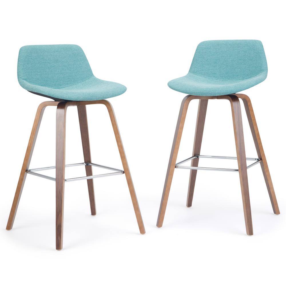 Aqua Blue Linen Bentwood Counter Height Stools with Chrome Footrest, Set of 2