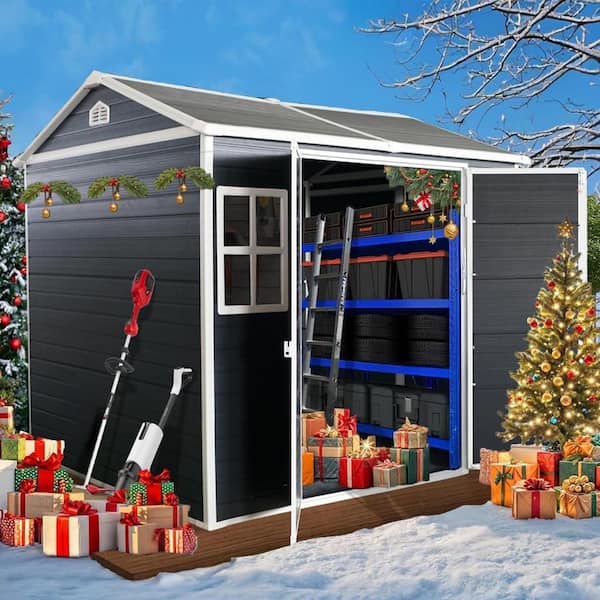 8 x 6 ft. Outdoor Resin Garden Shed with Floor and 2 Windows, Patio Outdoor Storage Shed with Lockable Door Garden Tools