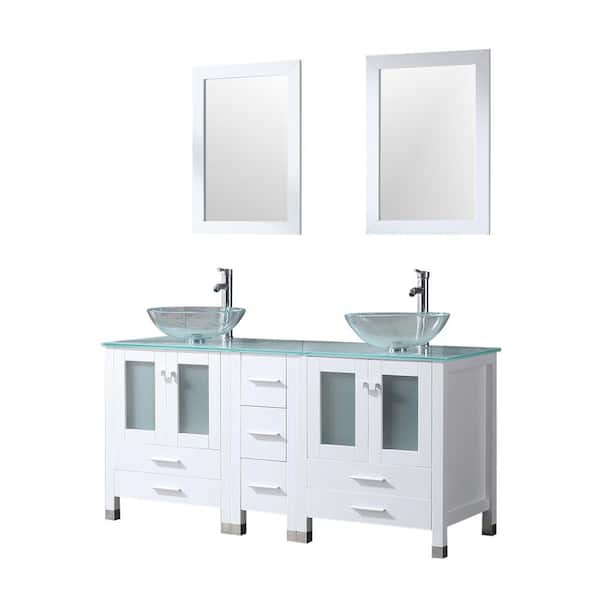 Wonline 60 in. W x 21.5 in. D x 61 in. H Double Sinks Bath Vanity in White with Glass Top and Mirror