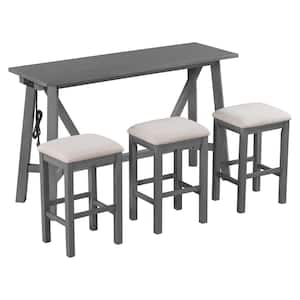 Gray 4-Piece Dining Table with 3 Upholstered Stools