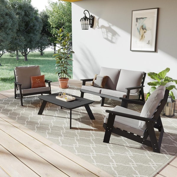 UPHA 4-Piece Plastic Patio Conversation Deep Seating Set with Gray Cushions