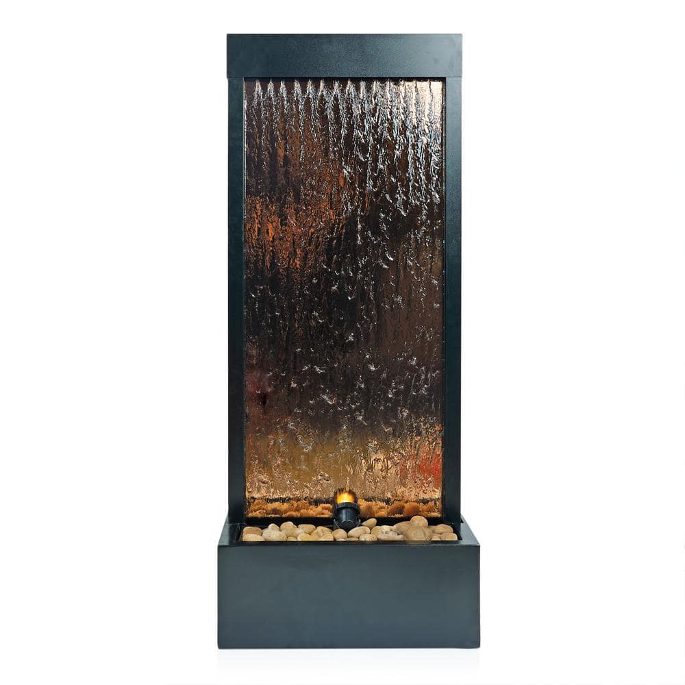 Bronze Mirror Waterfall Fountain with Stones and Lights, 48" Tall