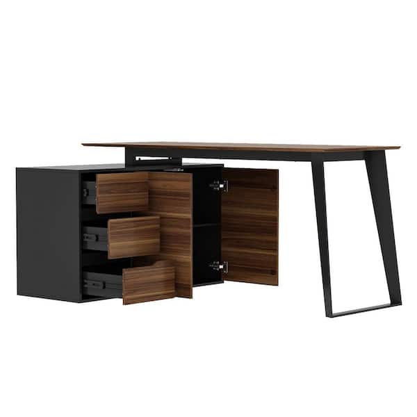 FUFU&GAGA 54.3 in. Reversible L-Shaped Brown Wood Writing Desk Office  Workstation With Adjustable Shelves, Drawers, Doors Cabinet KF210181-01 -  The