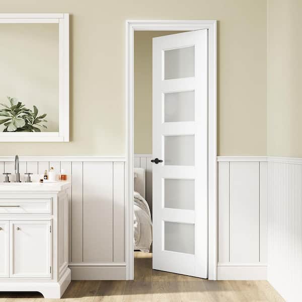24 in. x 96 in. Solid Core 5-Lite Tempered Frosted Glass White Primed MDF Interior Door Slab