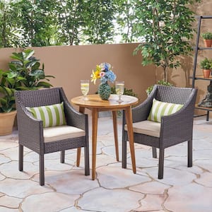 Nicola Multi-Brown 3-Piece Wood and Wicker Outdoor Bistro Set with Beige Cushions