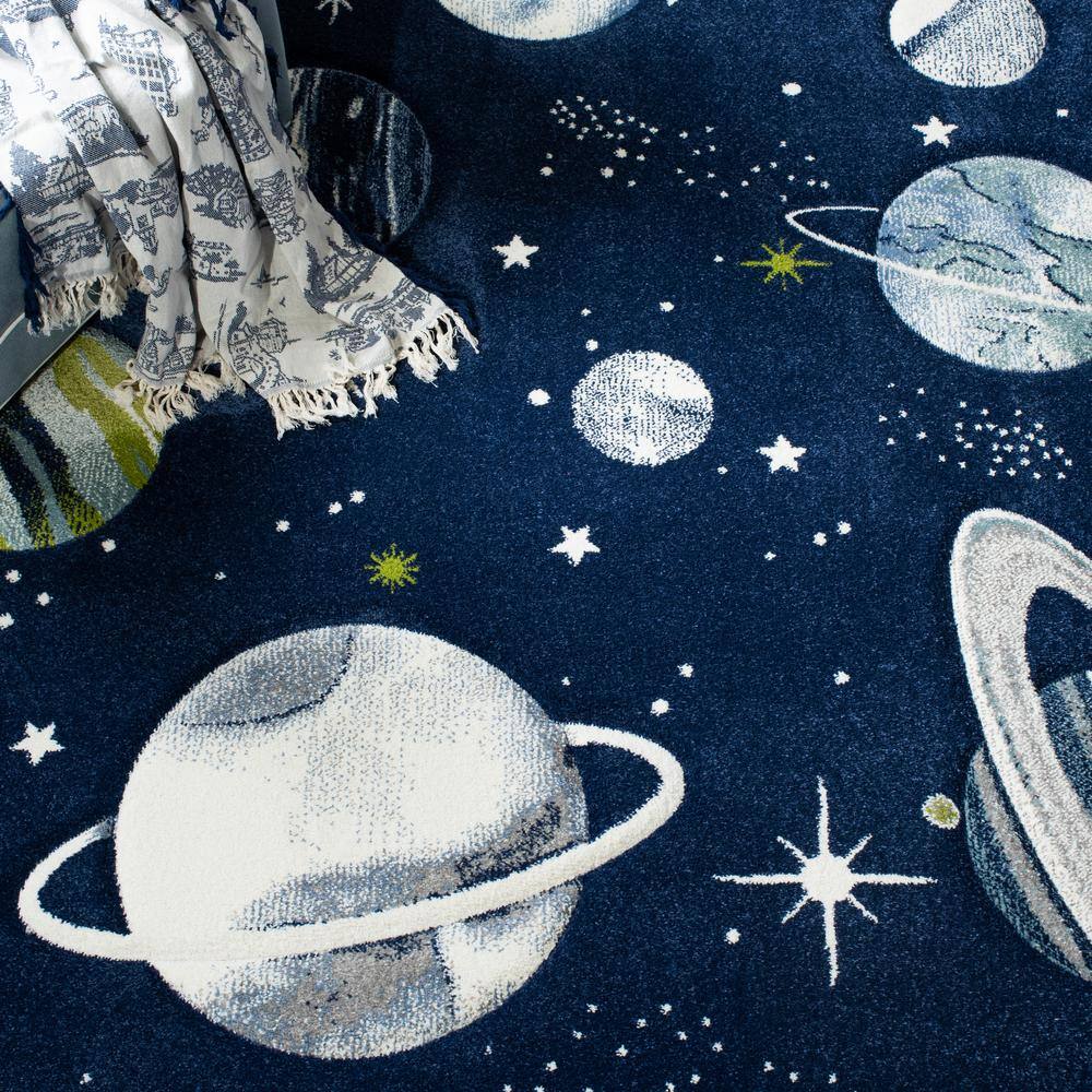 Navy and Ivory Space-Themed Kids Rectangular Rug