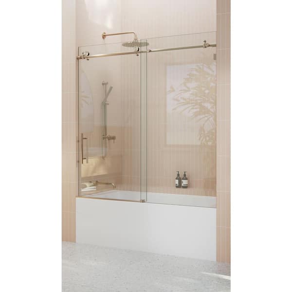 Eclipse 56 in. W x 60 in. H Sliding Frameless Bathtub Door in Satin Brass Finish with Clear Glass
