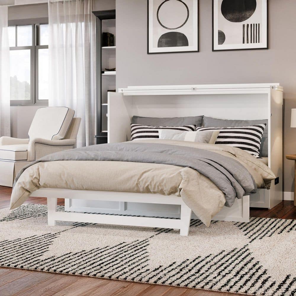 White Queen Murphy Bed Chest with Upholstered Wood Frame and Drawer