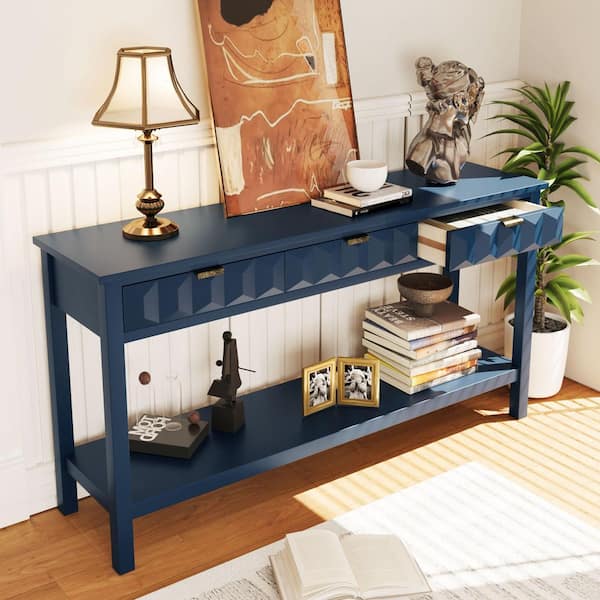 60 in. Modern Navy Blue Rectangle Fir Veneer Finish Wood Console Table with Honeycomb Design Drawers, Open Shelf