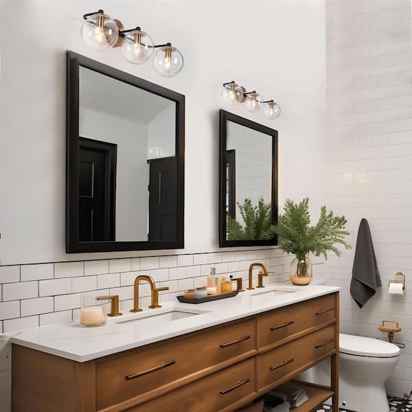 Modern 24.5 in. 3-Light Black Vanity Light, Bronze Gold Wall Sconces with Seeded Glass, Rustic Bathroom Wall Lights