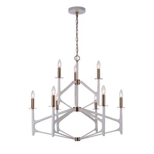 The Reserve 9-Light Matte White/Satin Brass Finish Transitional Chandelier for Kitchen/Dining/Foyer, No Bulbs Included