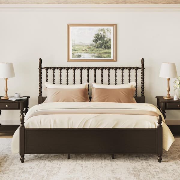 ELIO Brown Solid Wood Frame King Platform Bed Frame with Spindle Detailing，Footboard and Wooden Slat Support