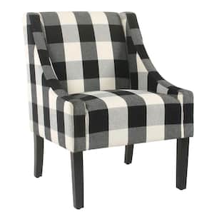 Black and White Fabric Upholstered Wooden Accent Chair with Buffalo Plaid Pattern