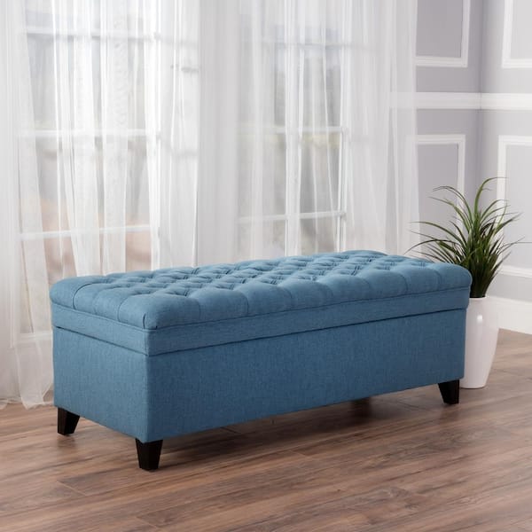 CHRISTOPHER KNIGHT HOME Blue 50 in. Tufted Fabric Bedroom Bench with Storage, Solid Birch Legs