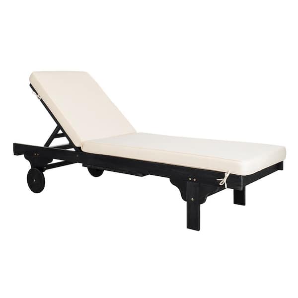 SAFAVIEH Newport Black 1-Piece Wood Outdoor Chaise Lounge Chair with White Cushion